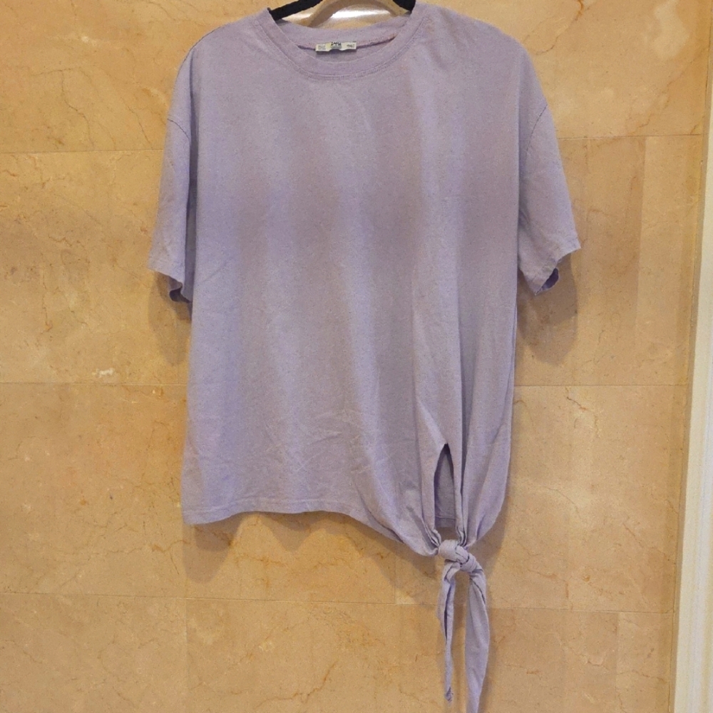 WOMEN'S ZARA PURPLE OVERSIZED SHORT SLEEVE T-SHIRT WITH BOW KNOT SZ M $25